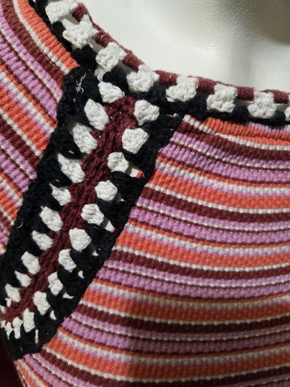 Free People XS Striped Crochet Trim Sweater Top Pink Orange Boho Long Sleeve